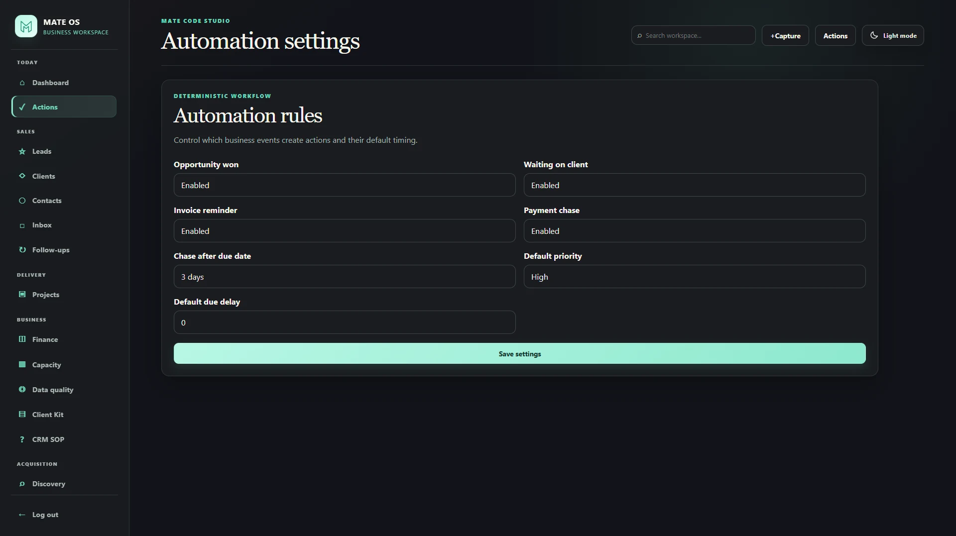 MateOS automation settings for operational actions, invoice reminders and payment chasing
