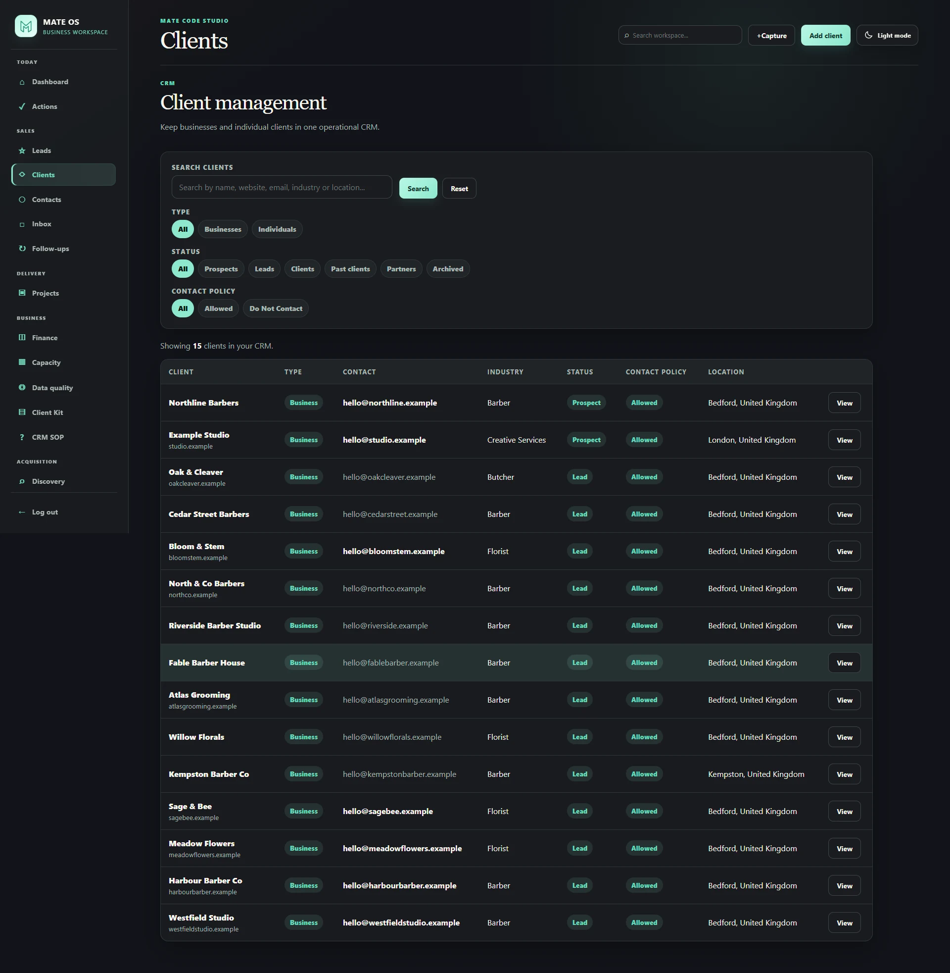 MateOS client management CRM with lifecycle status, contact policy, industries and locations