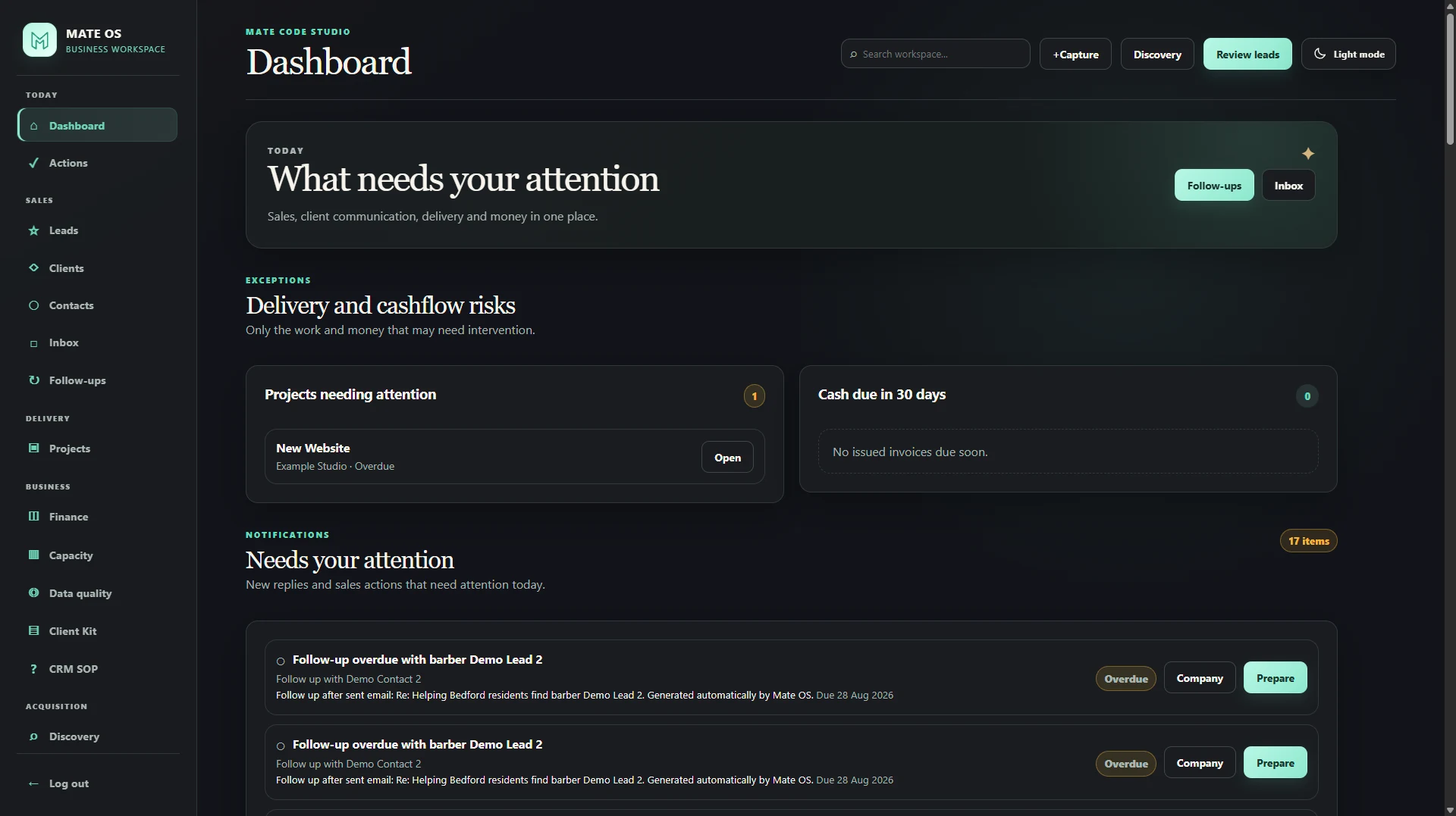 Mate OS business operations dashboard