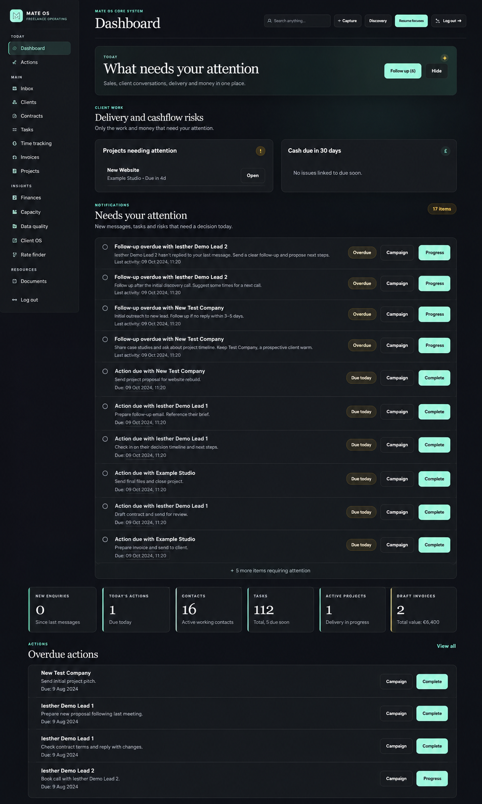 Full MateOS dashboard showing follow-ups, overdue actions, active projects, payments and lead review