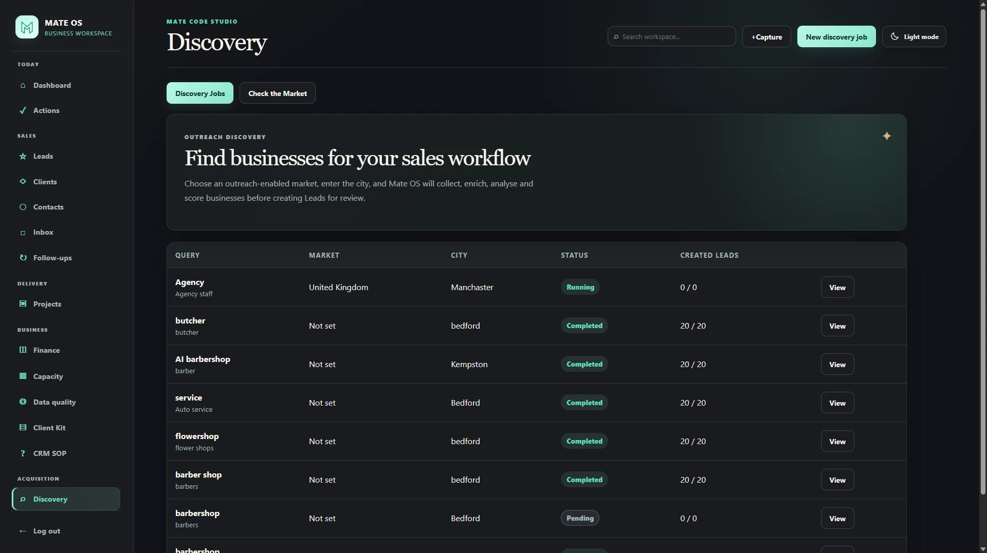 MateOS discovery jobs for searching targeted markets and creating lead opportunities