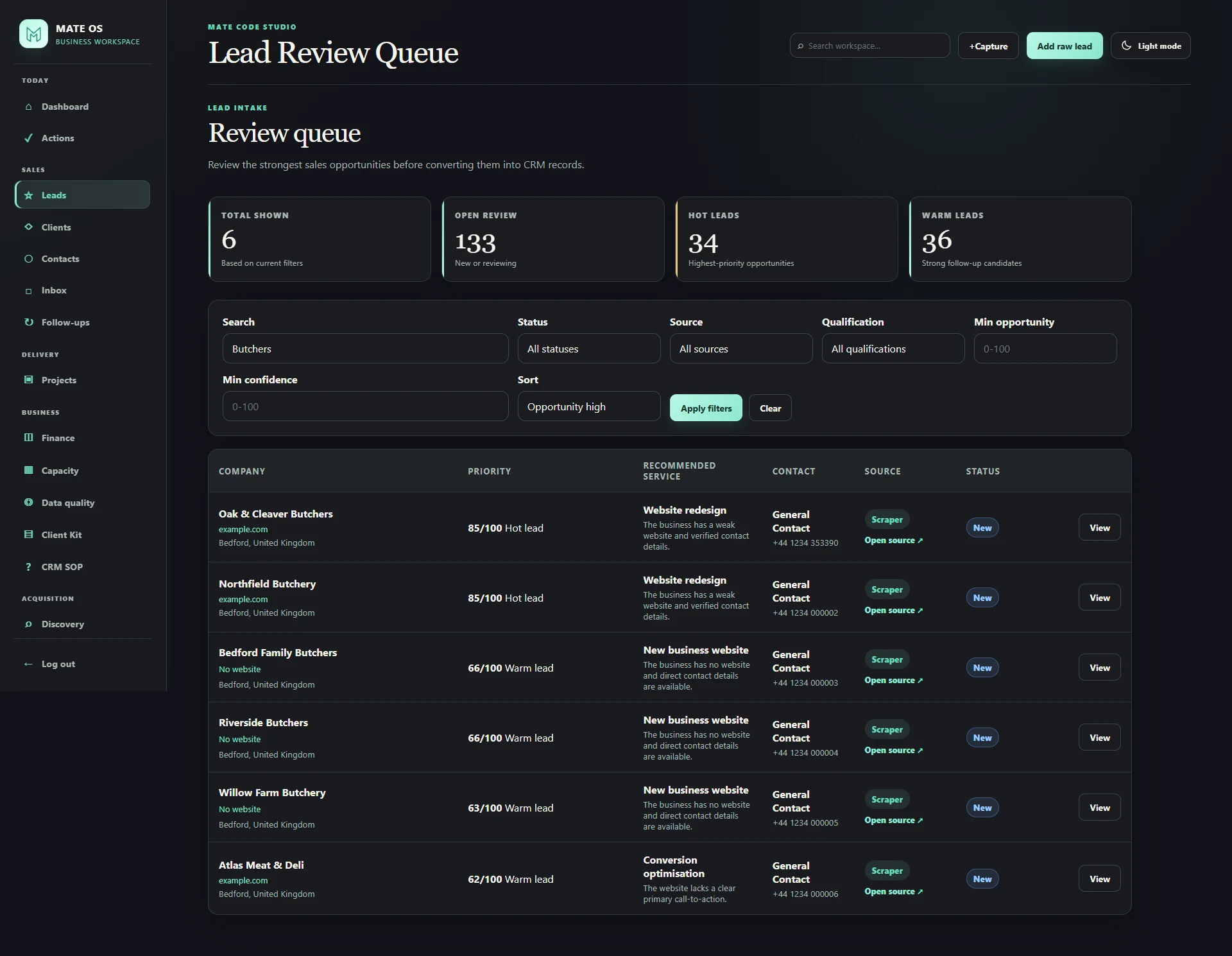 MateOS lead review queue showing priority scores, recommended services, sources and statuses