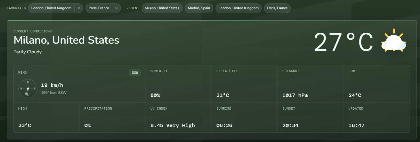 WeatherFlow favorites and recent cities interface with current conditions panel